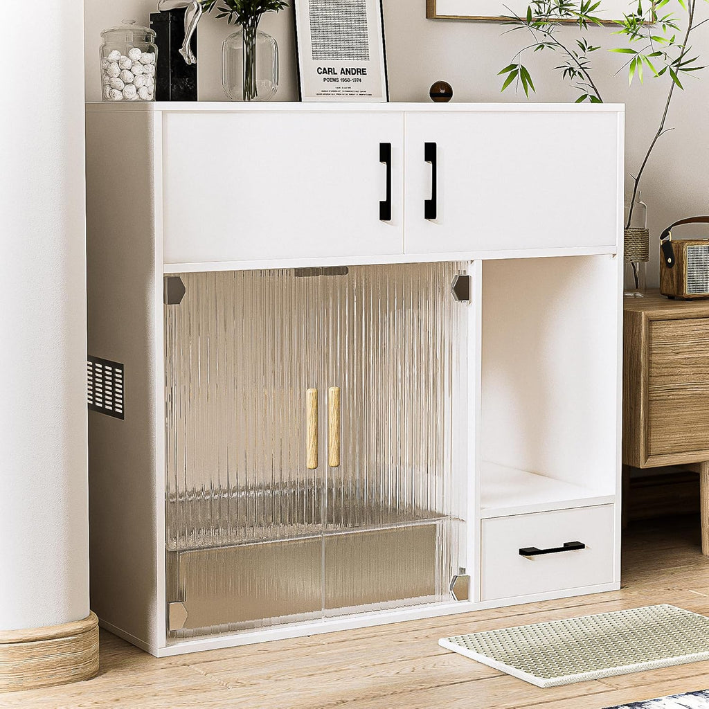 Cat Litter Box Enclosure Furniture Style White Cabinet Side Table with Storage O8952