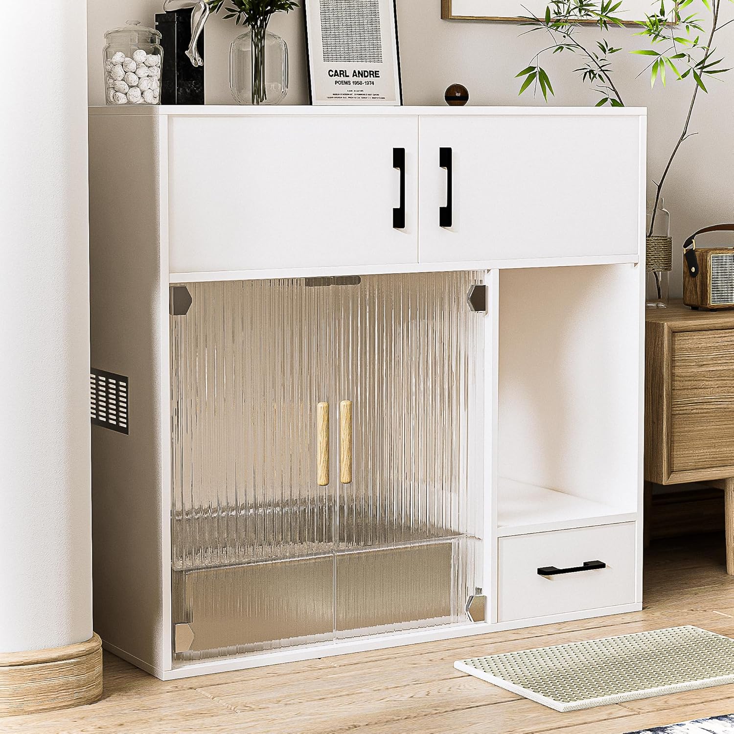 Cat Litter Box Enclosure Furniture Style White Cabinet Side Table with Storage O8952