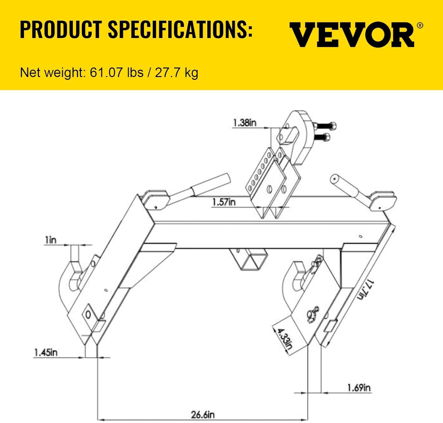 VEVOR 3-Point Quick Hitch 3000 LBS Lifting Capacity for Category 1 & 2 Tractors U20296