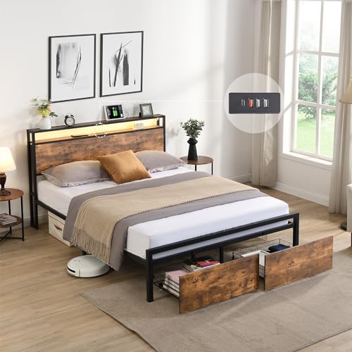 Full Bed Frame with Storage Headboard, LED Lights and USB Charging Stations G7942