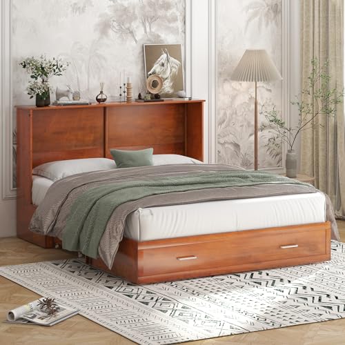 BALUS Murphy Cabinet Bed Queen with Charging Station, Tri-fold Memory Mattress, Storage Drawers, White Y6917