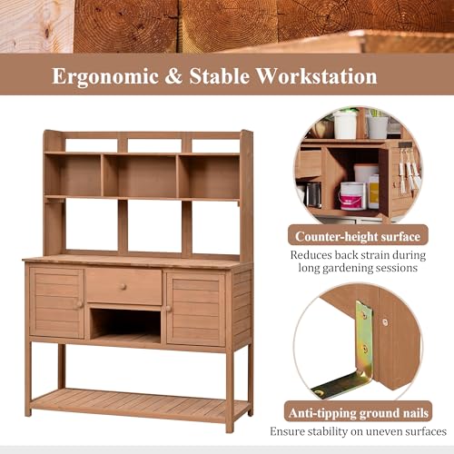 Outdoor Wooden Potting Bench Table with Drawers and Storage Shelves C672480