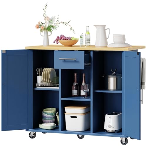 Shintenchi Kitchen Island with Drop Leaf, Rolling Cart with Storage, White T972