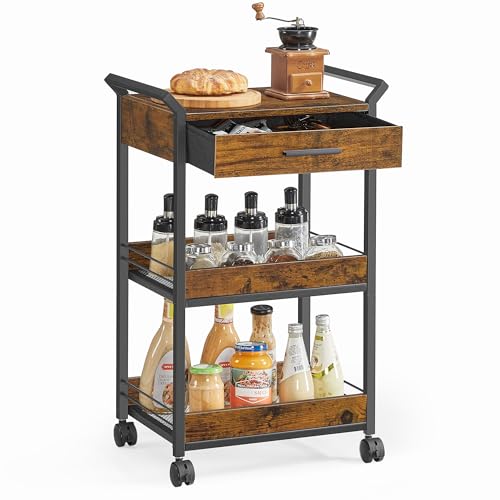 VASAGLE 4-Tier Rolling Utility Cart with Table Top, Lockable Casters, Rustic Brown and Ink Black L57262