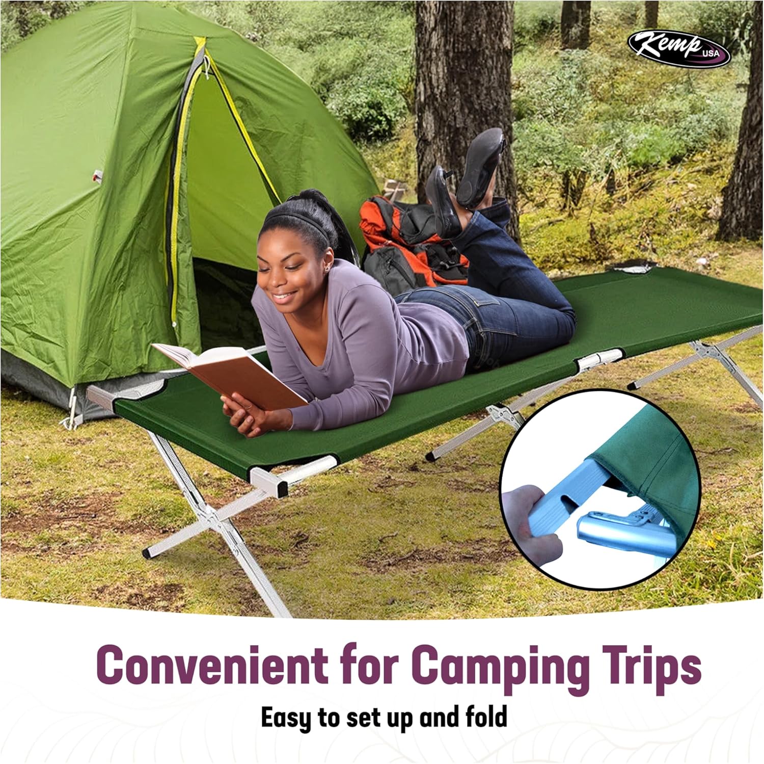 Kemp USA Green Military-Style Camping Bed, Lightweight Aluminum Cot for Adults, Foldable, Holds 250 LBS M118251