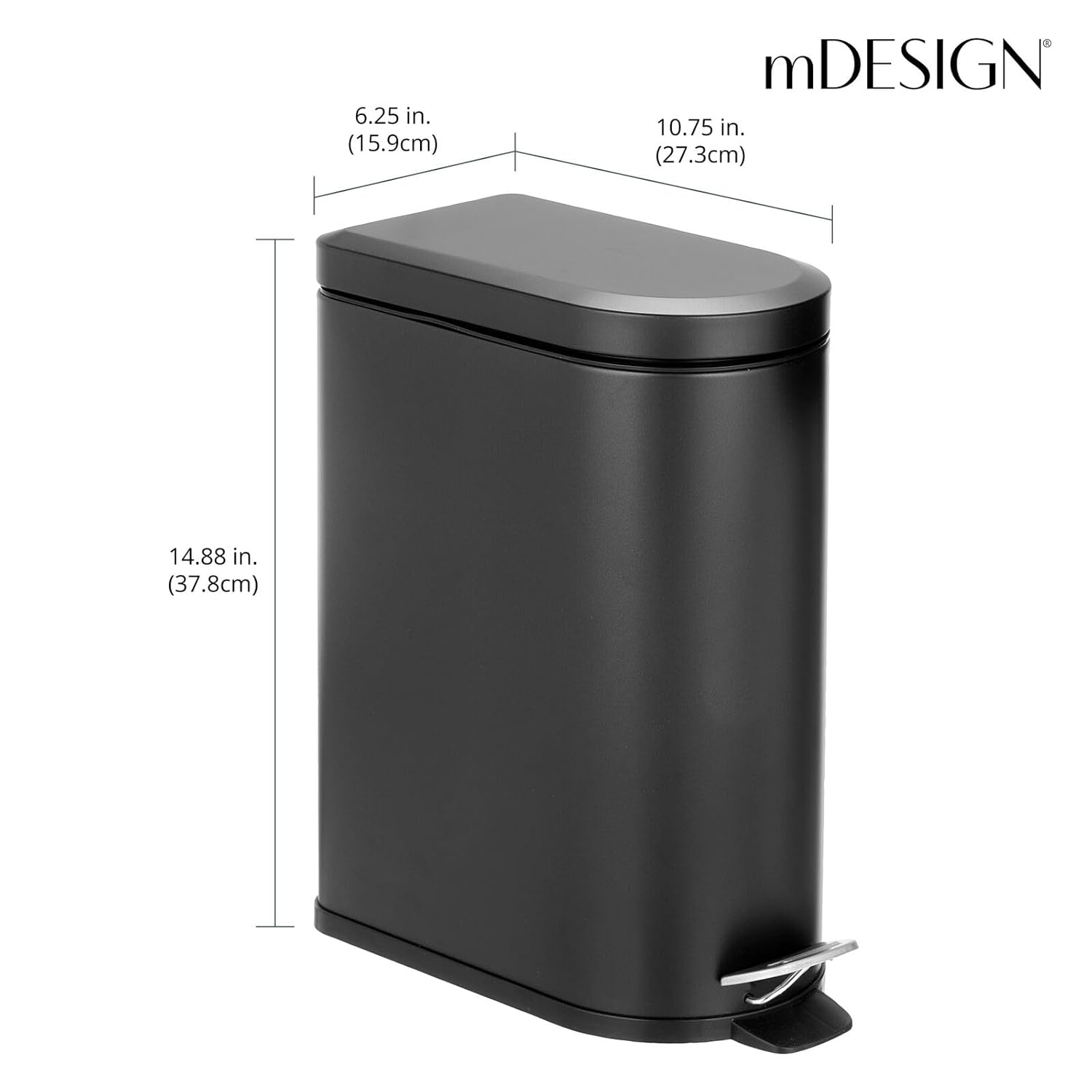 mDesign 2.6 Gallon Stainless Steel Step Trash Can with Lid, Black A528