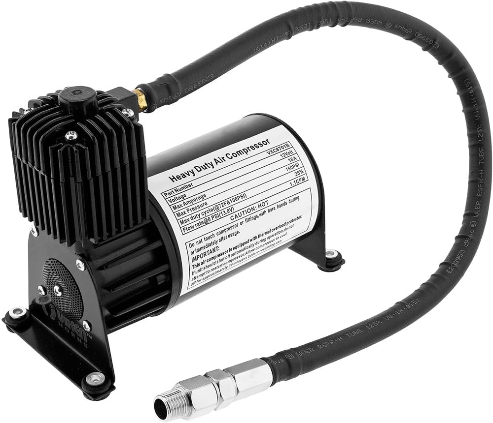 Vixen Horns Train Horn Kit for Trucks, Cars & Semi – 150psi Compressor, 1.5 Gal Tank, 3 Trumpets U506102