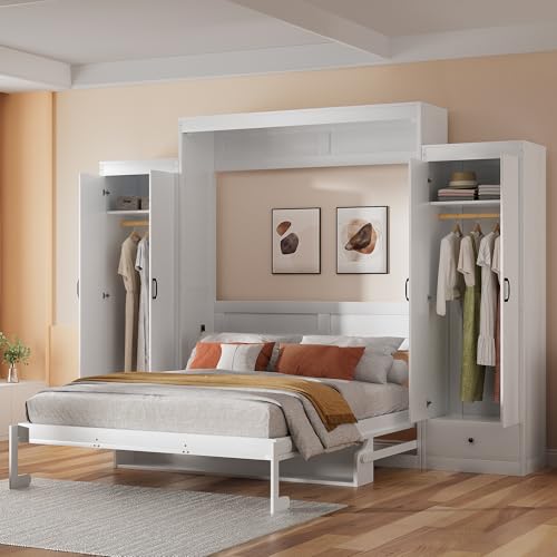 Queen Size Murphy Bed with Desk & Charging Station, White K505073