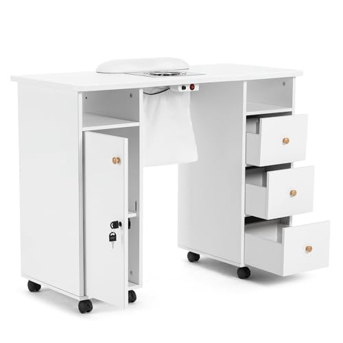 Artist hand Manicure Table, Nail Table, Nail Beauty Manicure Desk, Wrist Cushion, Lockable Wheels, Storage Drawers, Electric Downdraft Vent, White