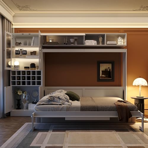 MERITLINE Queen Murphy Bed with Couch and Storage Shelves, LED Light, White J578