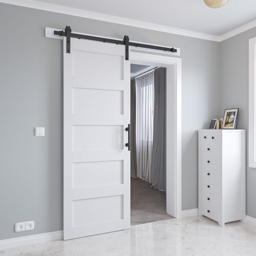 White 5-Panel Solid Sliding Barn Door with Hardware Kit W109