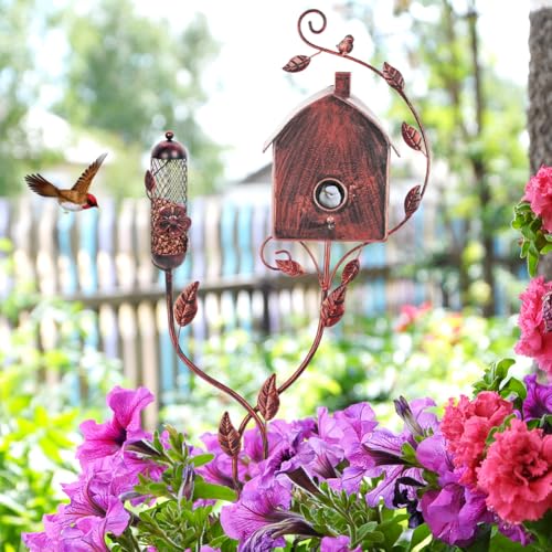 VEWOGARDEN Metal Bird House with Pole for Outdoor Garden Decor C581591