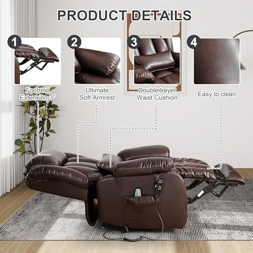 EDILLY Genuine Leather Power Lift Recliner Chair with Massage and Heating, Brown C901
