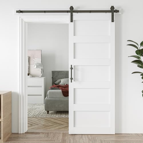 White 5-Panel Solid Sliding Barn Door with Hardware Kit W109