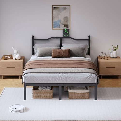 Full Metal Bed Frame 14 Inch Tall Heavy Duty Black Steel Slats Platform J736200