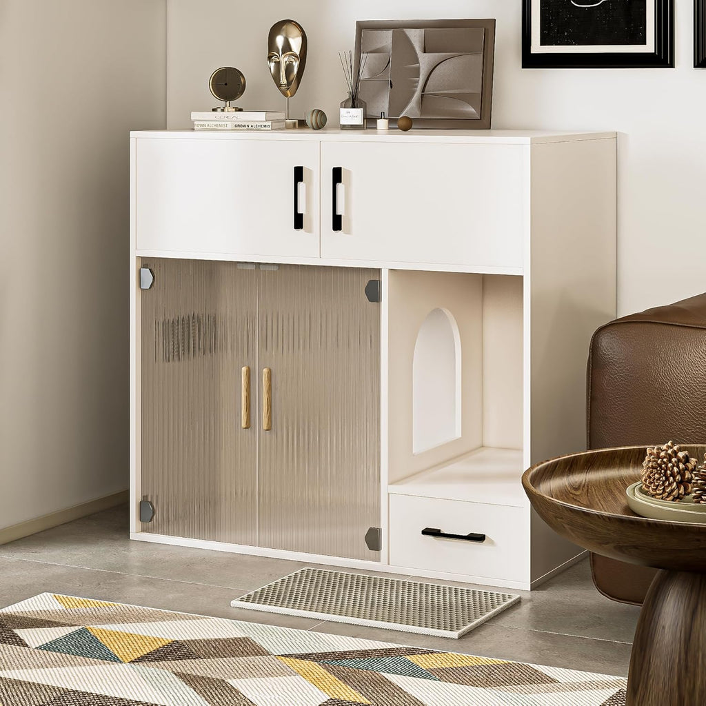 Cat Litter Box Enclosure Furniture Style White Cabinet Side Table with Storage O8952