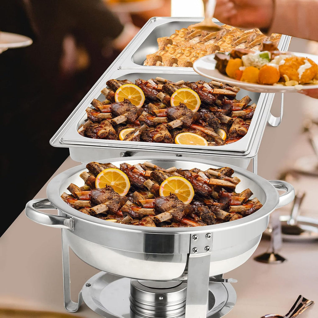 Restlrious Chafing Dish Buffet Set Stainless Steel 5QT Round & 8QT Rectangle Foldable Chafer, 5 Pk P620522
