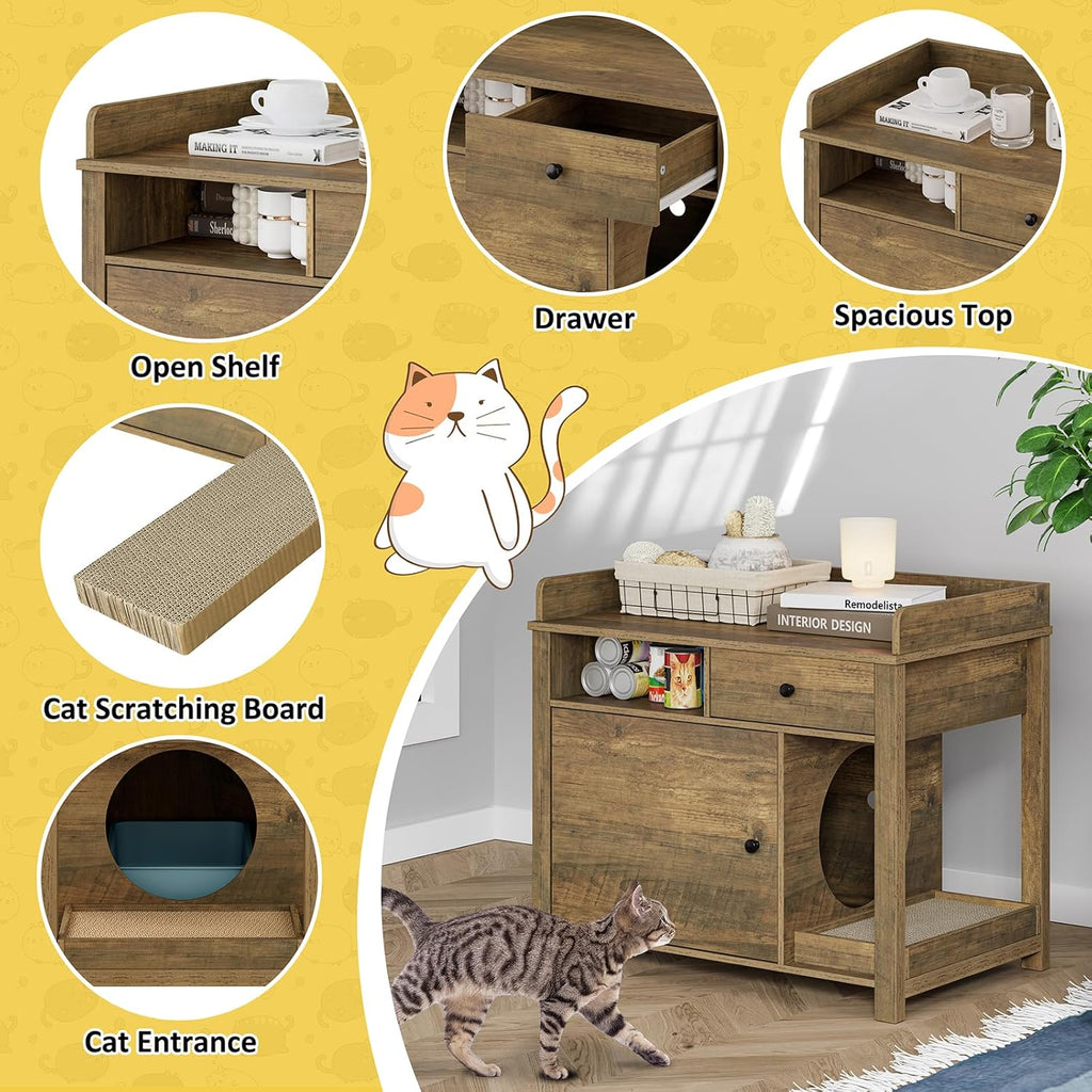 Wooden Cat Litter Box Enclosure with Shelves and Drawer G29596
