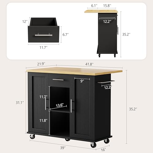 Shintenchi Kitchen Island with Drop Leaf, Rolling Cart with Storage, White T972