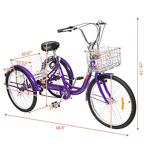PEXMOR Adult Tricycle 7 Speed, 24/26 Inch 3 Wheel Bike with Baskets D492