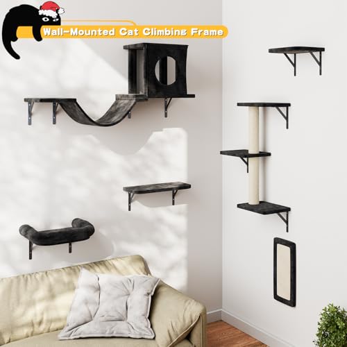 NUNU LAB Wall Mounted Cat Furniture, 7 Pcs Cat Wall Shelves with House, Gray T582052