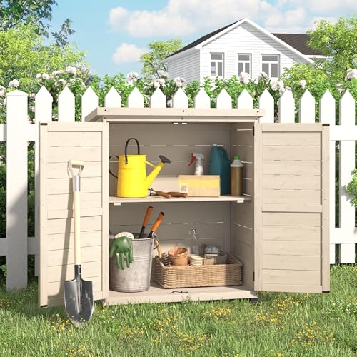 AECOJOY Outdoor Storage Cabinet with Waterproof Metal Tabletop and Removable Shelves, Beige B425