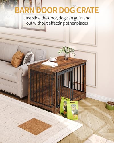 Dog Crate Furniture with Barn Door for Small Medium Dogs, Rustic Brown P911