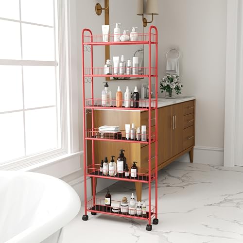 6-Tier Wire Storage Cart with Wheels for Small Spaces, Red Q62999