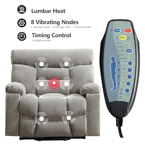 CANMOV Dual Motor Power Lift Recliner Chair for Elderly, Extra-Wide Seat, Heated Massage, Grey Fabric C219