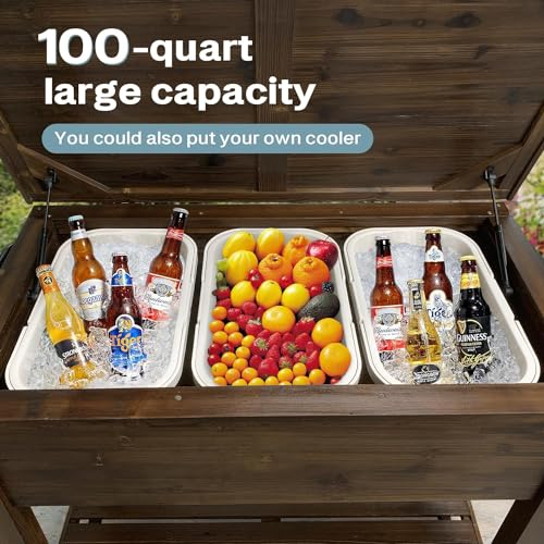 Wooden Patio Cooler Rolling Cart with Wheels, Bottle Opener, 100-Quart A729349