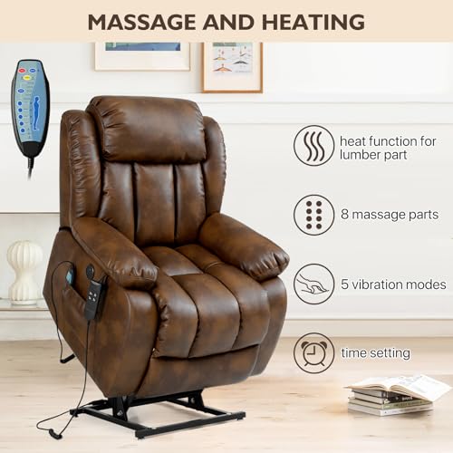 EDILLY Genuine Leather Power Lift Recliner Chair with Massage and Heating, Brown C901