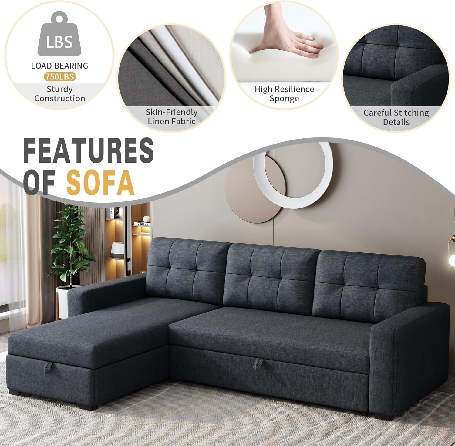 L Shaped Sleeper Sofa with Pull Out Bed and Storage, Dark Grey N88197