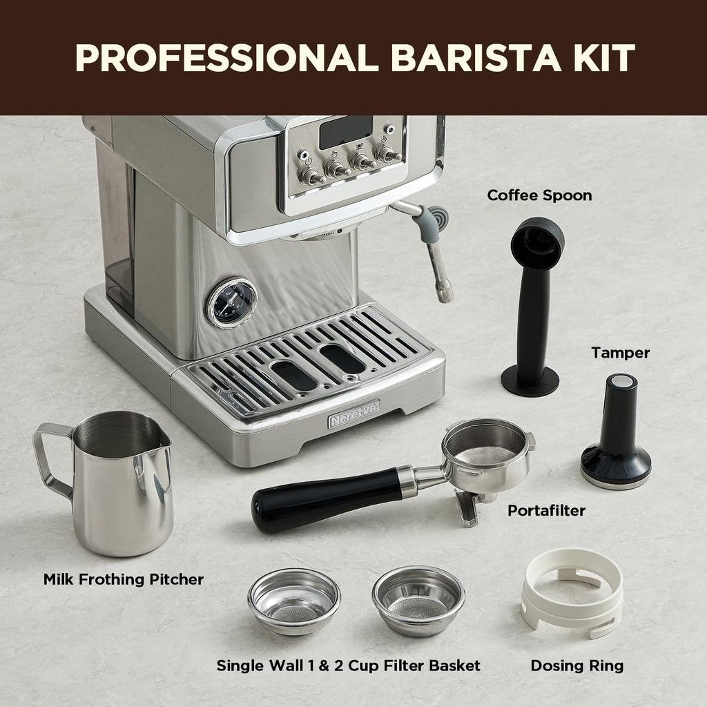 Neretva Espresso Machine, 15 Bar LCD Display, Stainless Steel with Milk Frother L295313