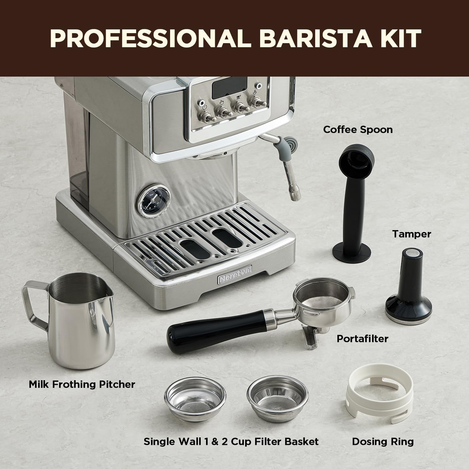 Neretva Espresso Machine, 15 Bar LCD Display, Stainless Steel with Milk Frother L295313