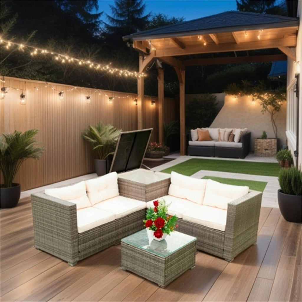 Grey 4-Piece Patio Wicker Rattan Sectional Sofa Set with Storage Box R300209