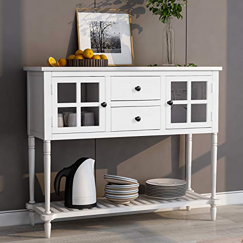 Buffet Sideboard Console Table with 2 Drawers, 2 Cabinets & Glass Doors, Antique Navy R9763