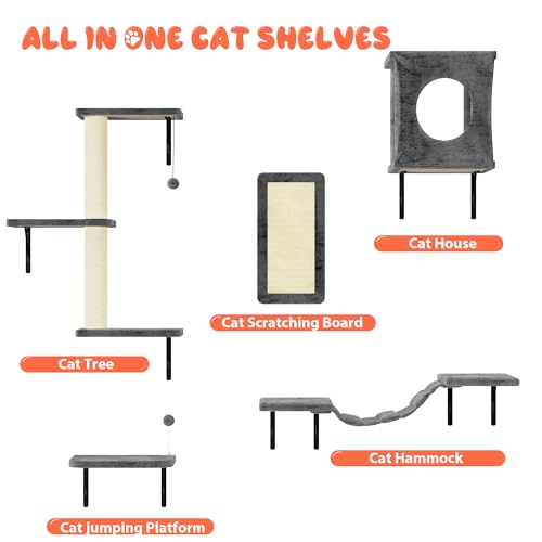 NUNU LAB Wall Mounted Cat Furniture, 7 Pcs Cat Wall Shelves with House, Gray T582052