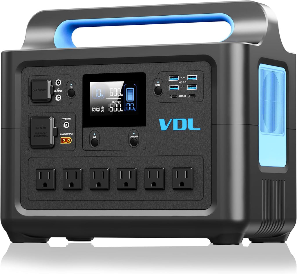 Portable Power Station 1228Wh/1500W, VDL HS1500 LiFePO4 Solar Generator Fully Charged 2 Hours, 6x110V Pure Sinewave AC Outlets Backup Battery Power Supply for Home Use Outdoor Camping RV Emergency