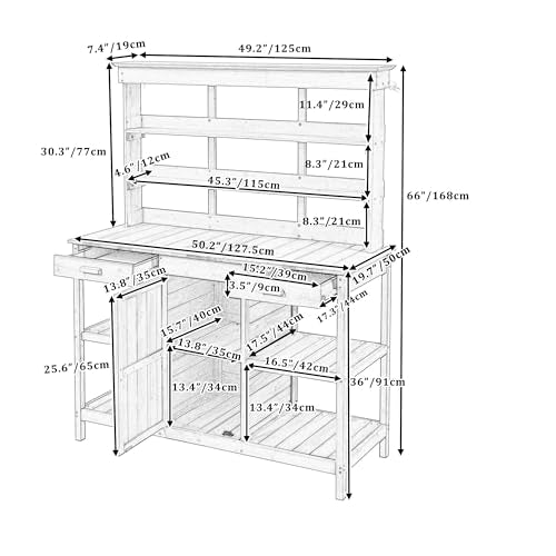Outdoor Wooden Potting Bench Table with Drawers and Storage Shelves C672480