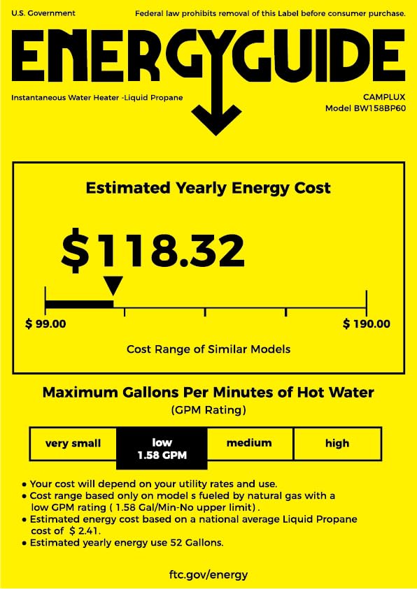 CAMPLUX 2.64 GPM Propane Portable Gas Water Heater, 68,000 BTU, White Y83276