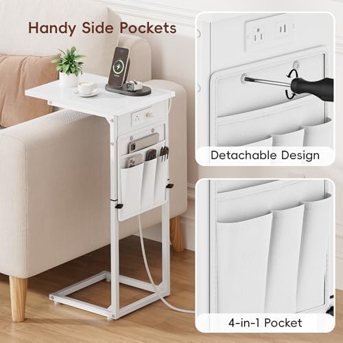 Vagusicc C Shaped End Table with Charging Station, Adjustable Height, Brown C747005