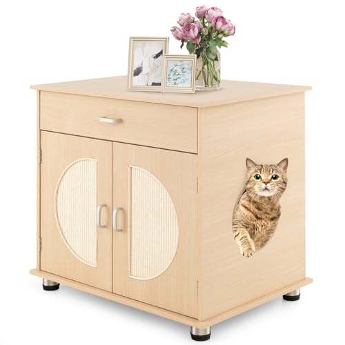 Tangkula Cat Litter Box Enclosure, Hidden Cat Washroom with Storage Shelf, Sisal Scratching Doors, Adjustable Metal Feet, Modern Cat Litter Cabinet Storage Bench, Hidden Litter Box Furniture (Natural)