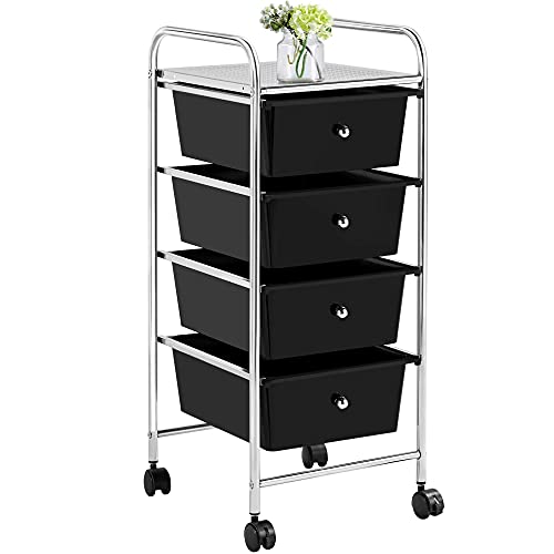 Yaheetech 4 Drawers Cart Rolling Plastic Storage Cart and Organizer Metal Frame Plastic Drawers Plastic Trolley Organizer on Wheels, Black