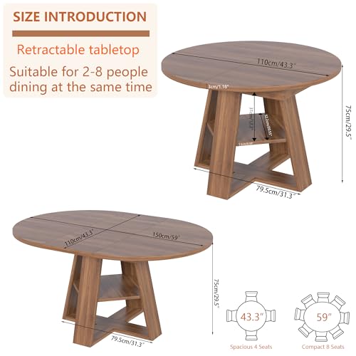 Extendable Round Dining Table for 4-8 with Removable Leaves, Wood Base, Walnut V742