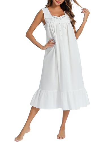AVIIER 100% Cotton Nightgowns for Women Sleeveless Sleep Dress Ladies Gowns Sleepwear with Pockets