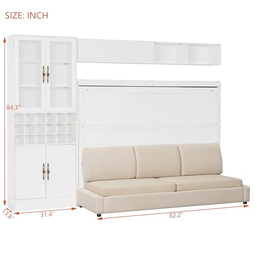 MERITLINE Queen Murphy Bed with Couch and Storage Shelves, LED Light, White J578