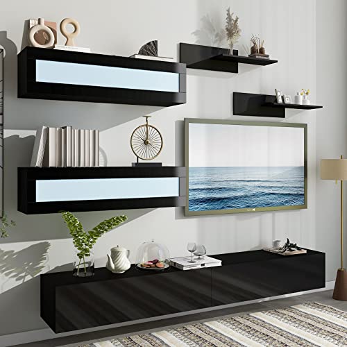 Wall Mount Floating TV Stand with Four Media Storage Cabinets and Two Shelves, Modern High Gloss Entertainment Center for 95+ Inch TV, 16-Color RGB LED Lights for Living Room, Bedroom, Black