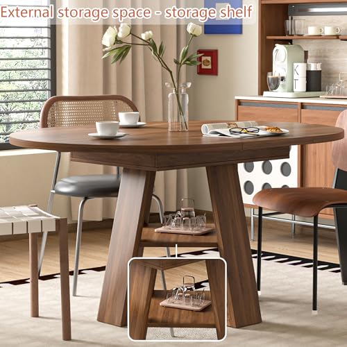 Extendable Round Dining Table for 4-8 with Removable Leaves, Wood Base, Walnut V742