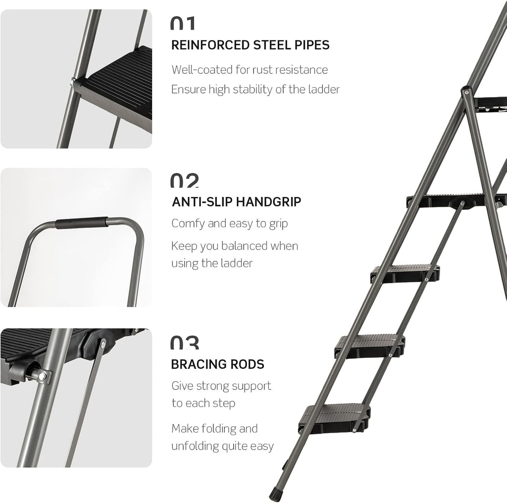 Hysache 4 Step Folding Ladder with Handrail, Black S9688