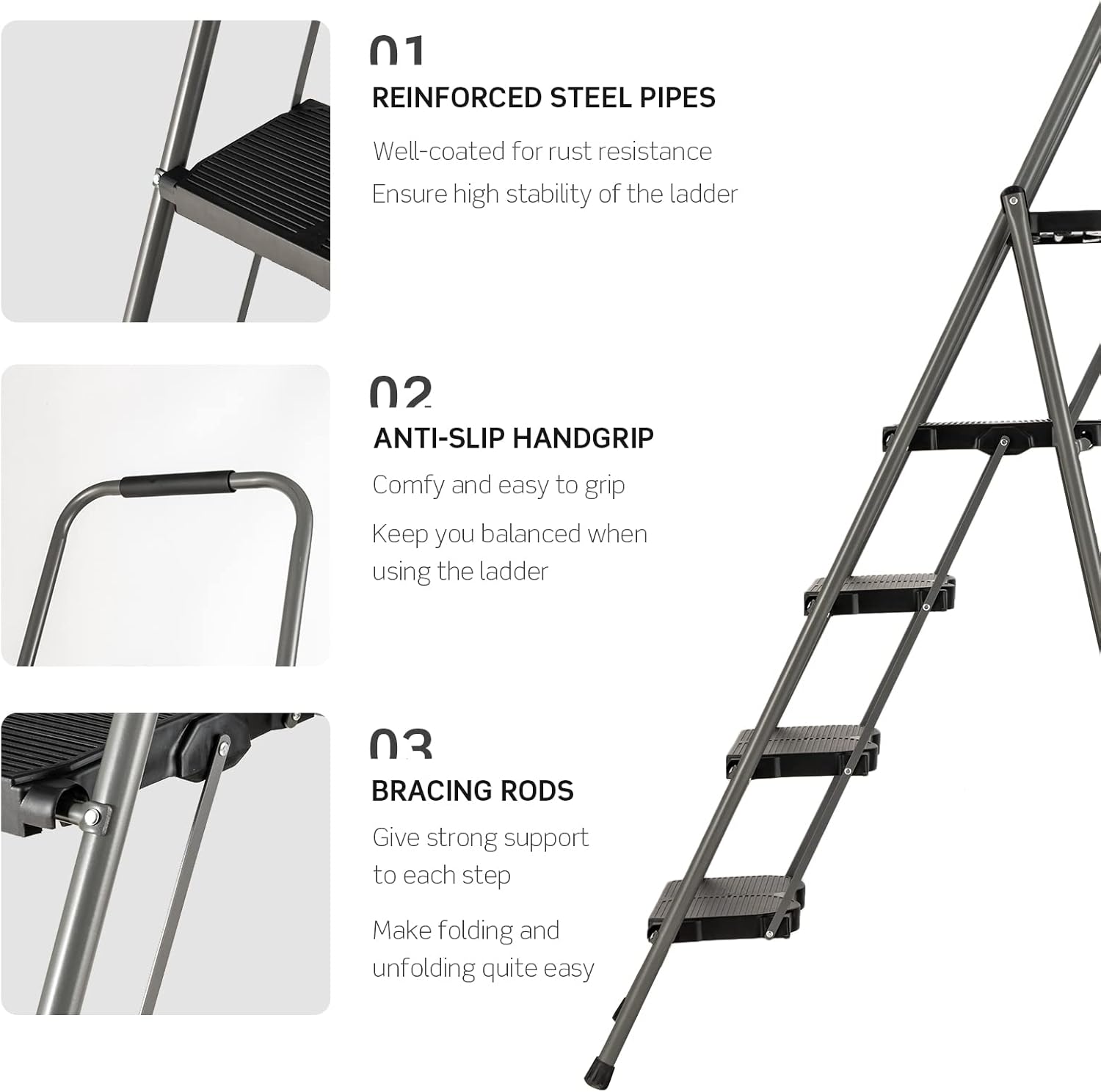 Hysache 4 Step Folding Ladder with Handrail, Black S9688